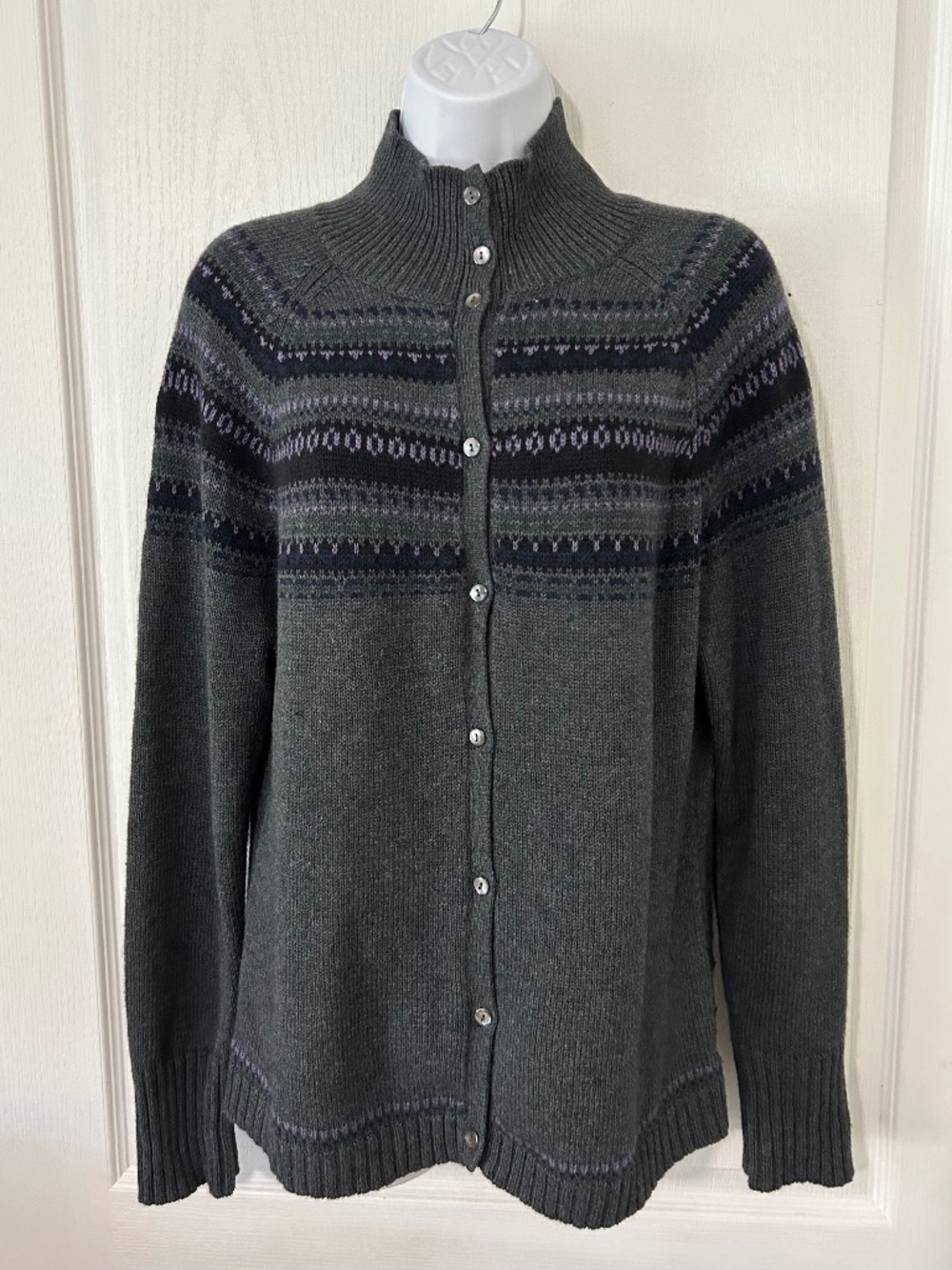 Eddie Bauer Fair Isle Nordic Knit Cardigan Sweater Mock Neck Vintage